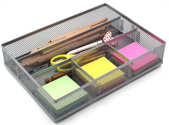 EasyPAG Mesh Drawer Organiser Tray Desk Draw Tidy Office Stationery Storage Pen Holder,Silver - Image 4