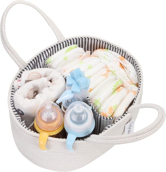 Hinwo Baby Diaper Caddy 3-Compartment Infant Nursery Tote Storage Bin Portable Car Organizer Newborn Shower Gift Basket Cotton Rope with Detachable Divider for Diapers & Wipes - Image 3