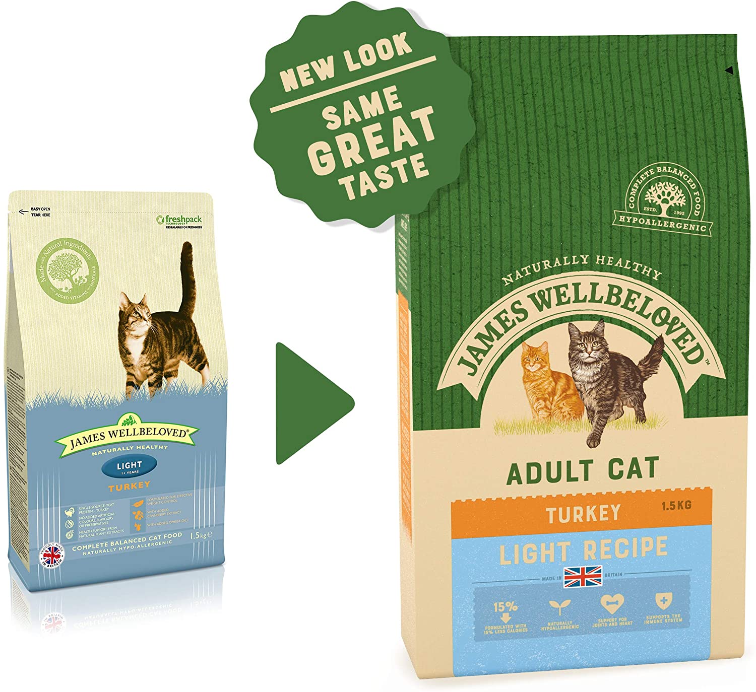 James Wellbeloved Complete Dry Adult Light Cat Food Turkey and Rice, 1.