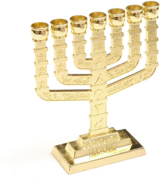 Anandashop Gold Jerusalem Candle Holder Decorative Judaica 7 Branch Menorah Hanukkah Gift