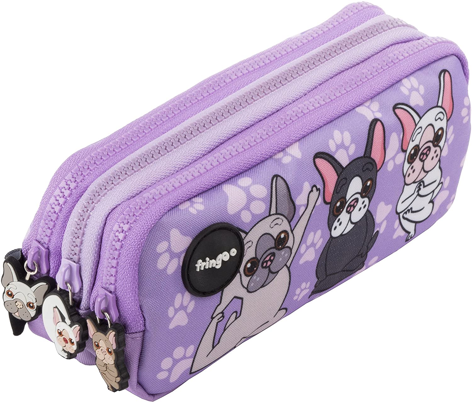Fringoo® 3 Compartment Pencil Case for Kids School Stationery Holder Funny Cute (French Dog Yoga - 3 Compartments)