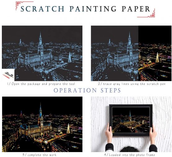 SiYear Scratch Paper Rainbow Painting Sketch, City Series Night Scene,Scratch Painting Creative Gift,Scratchboard for Adult and Kids with 4 Tools - Image 2