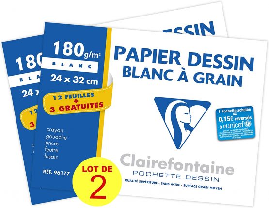 Clairefontaine Drawing Paper 12 + 3 Sheets 24 x 32 mm White - Pack of 2
