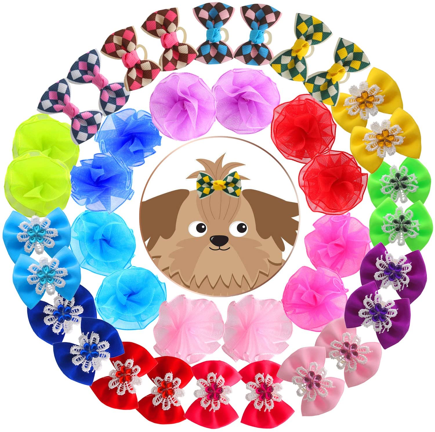 HOLLIHI 40pcs / 20 works Adorable Grosgrain Ribbon Pet Dog Hair Bows with Rubber Bands