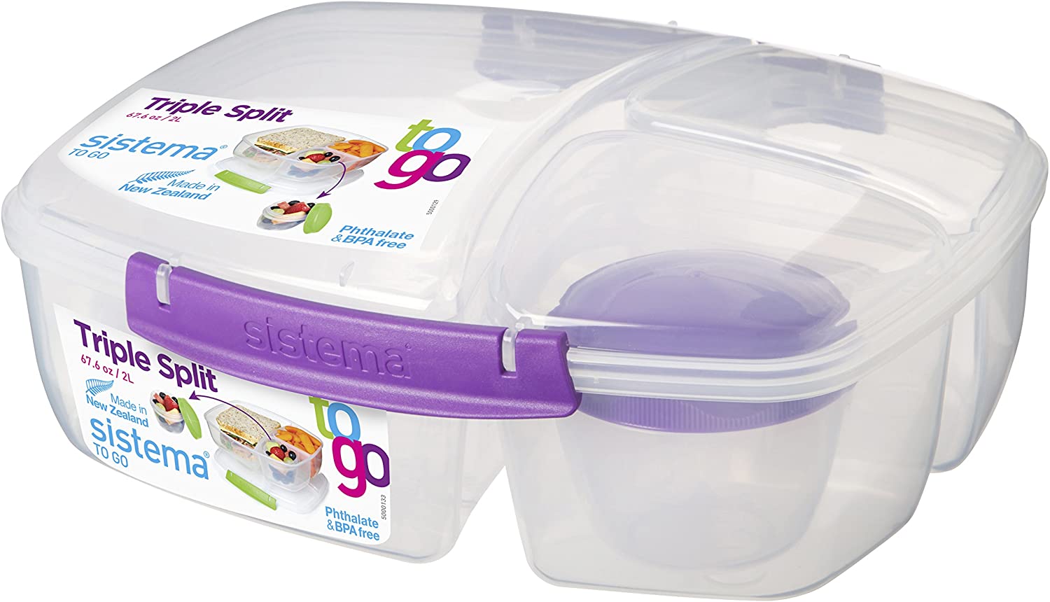 Sistema To Go Triple Split Lunch Box with Yoghurt Pot, Assorted Colours, 2 liter - Image 3