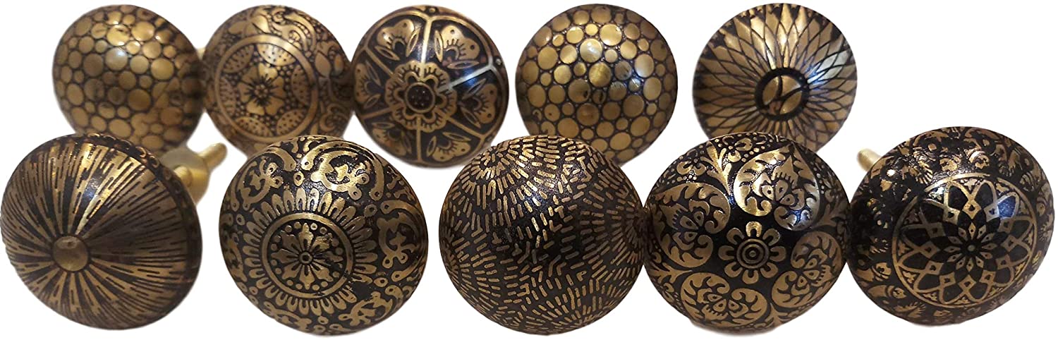 KNOBSWORLD Set of 10 Brass Knobs - Kitchen Cabinet Pulls, Cupboard & Furniture Drawer Handles - Brass Patterned - Image 2
