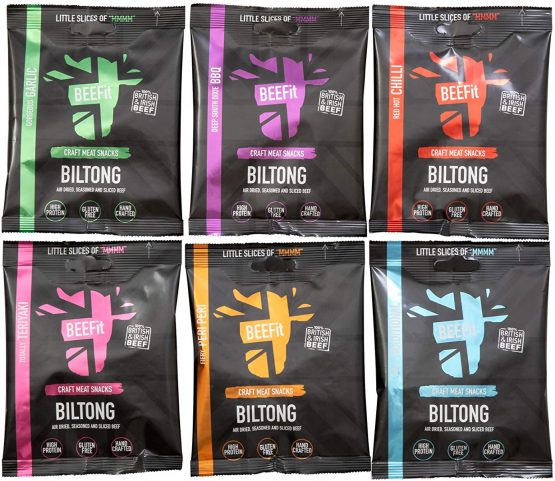 BEEFit Snacks Biltong Flavour Fest - One Bag of Each Flavour - Traditional, Peri Peri, Chilli, Garlic, Teriyaki, BBQ – Healthy – Low Sugar – Carb Killer Snack – High Protein – Juicy Beef Jerky (6x30g)
