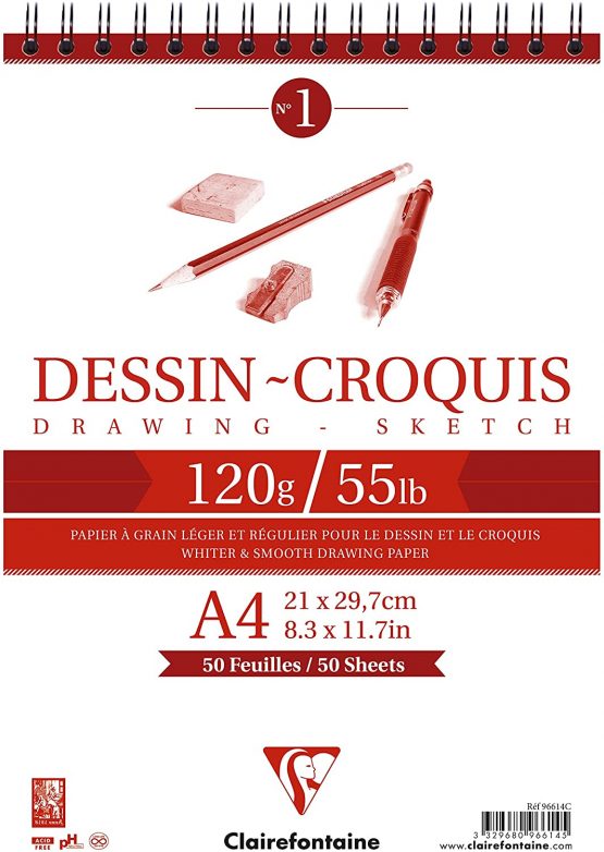 Clairefontaine White Drawing Sketch Pad, Wirebound, 120 g, A4, 50 Sheets