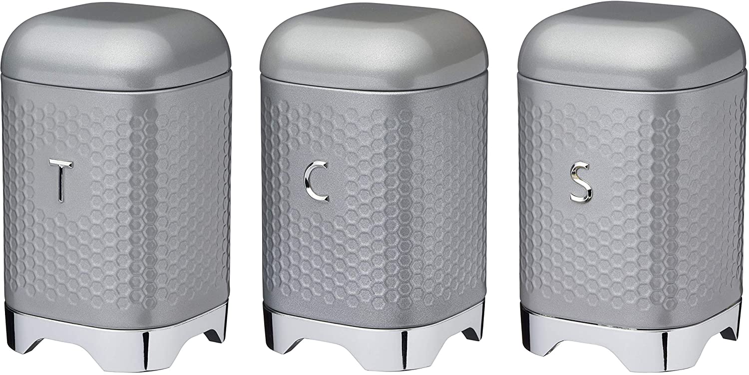 LOVELLO KitchenCraft Textured Tea/Coffee/Sugar Canisters with Geometric Hexagon Pattern, Steel, Shadow Grey, 3 Pieces