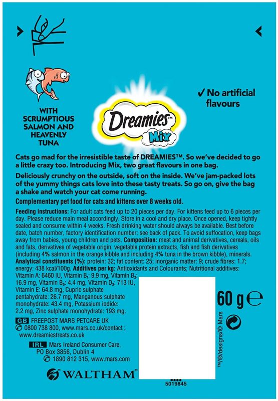 Dreamies Cat Treats, Tasty Snacks with Scrumptious Salmon and Heavenly Tuna Flavour, 8 Pouches of 60 g - Image 2