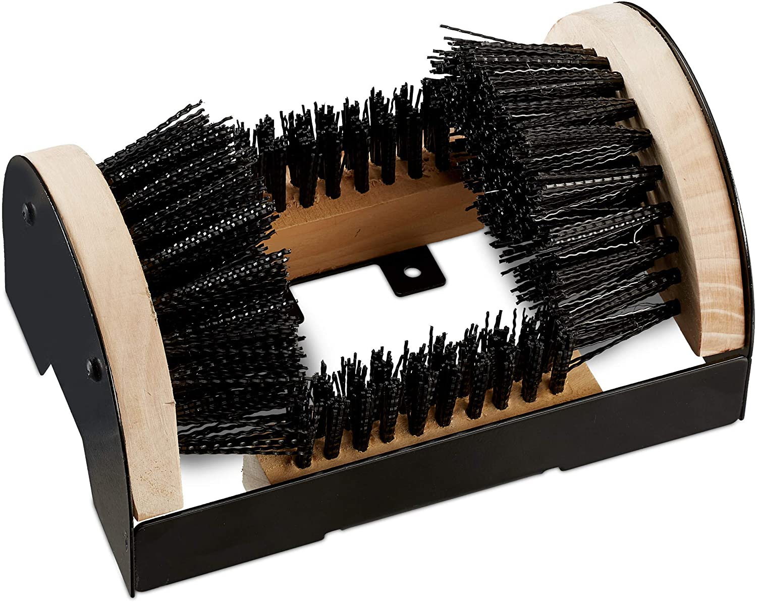 Relaxdays Shoe Scraper with Surrounding Brushes, Outdoor Shoe Brush, Robust Bristles, Floor-Mount, Black/Natural