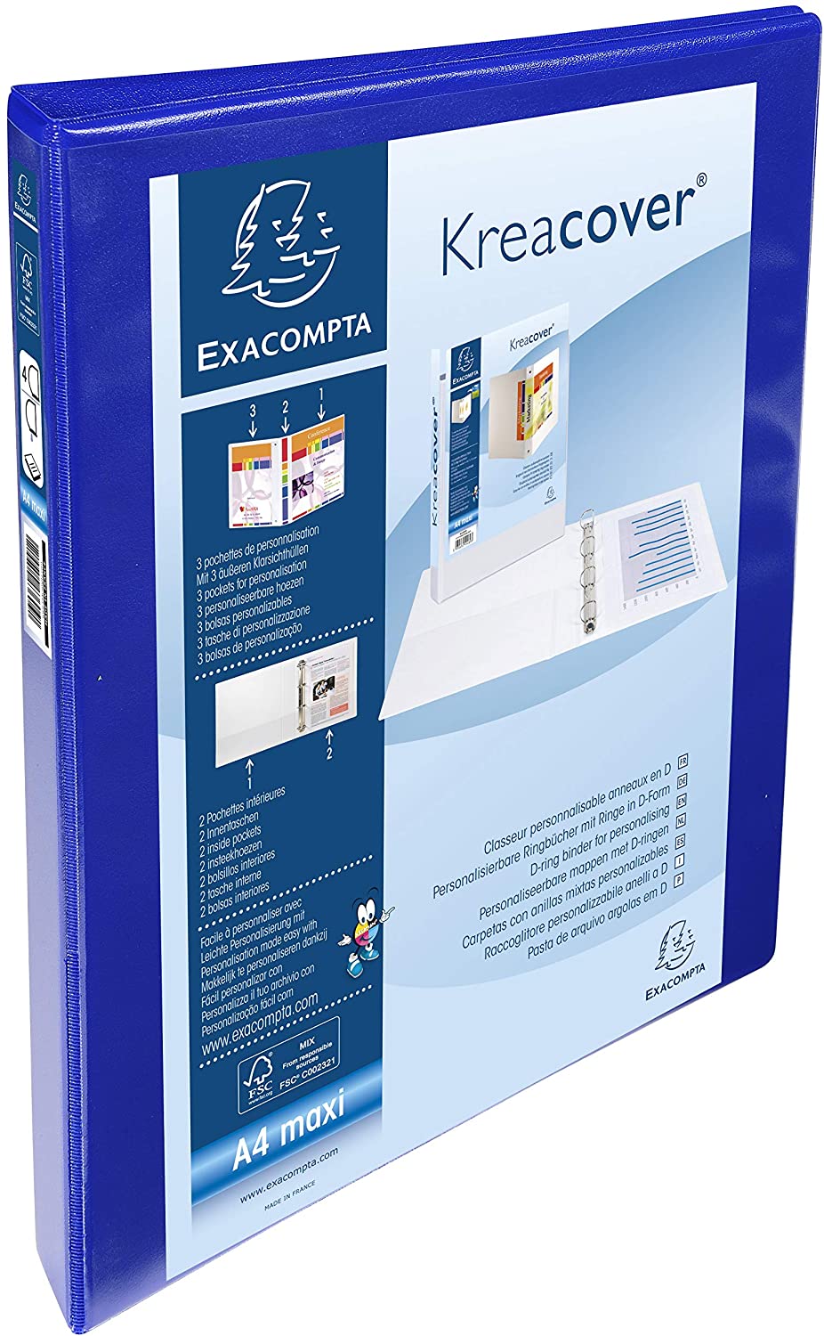 Exacompta, ref. 51840BE, 1 customizable rigid opaque binder with 3 pockets, 4 D-rings of 15 mm, Spine 38 mm