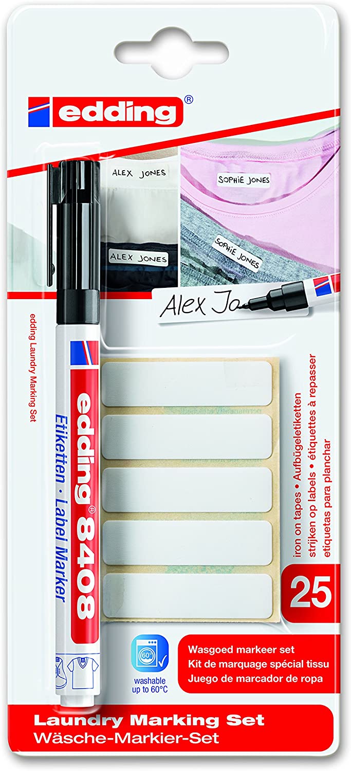 edding 8408 laundry marking set - black - 1 pen - round nib 0.75 mm, 25 x name tags for iron-on - for marking labels for clothing