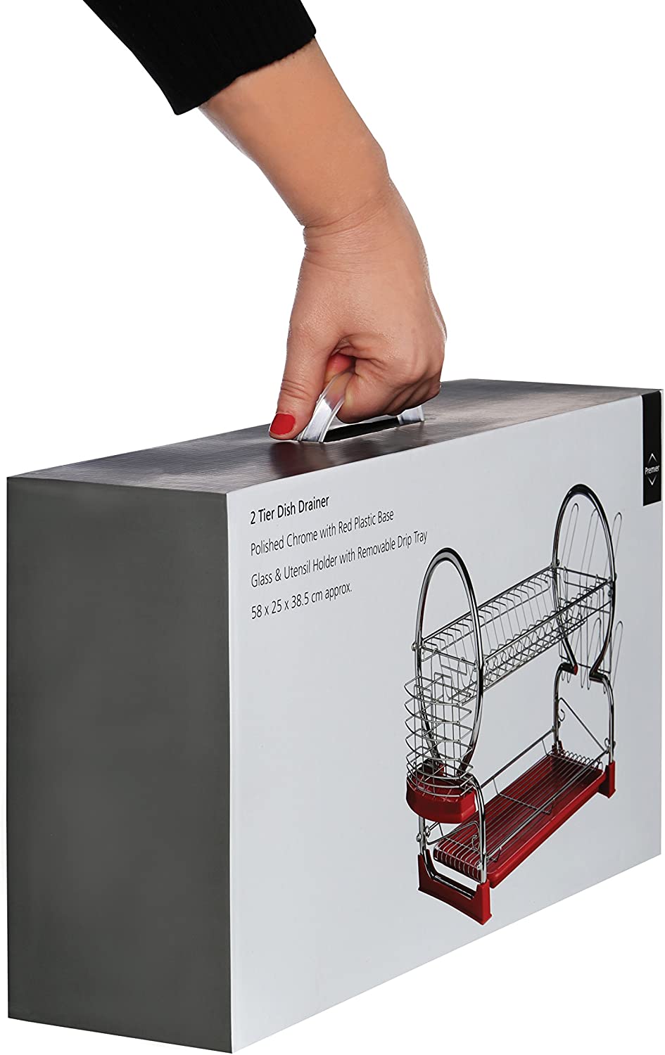 Premier Housewares 2 Tier Dish Drainer, Dish Rack with Drip Tray, Sink Caddy - Chrome/Red, H39 x W56 x D25cm - Image 2