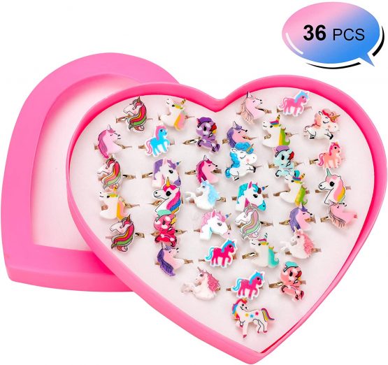 HOWAF 36pcs Unicorn Party Supplies, Little Girls Adjustable Rings Princess Dress Up Decoration Play Jewelry Rings in Box for Children Kids Party Bag Fillers Unicorn Gift Girls