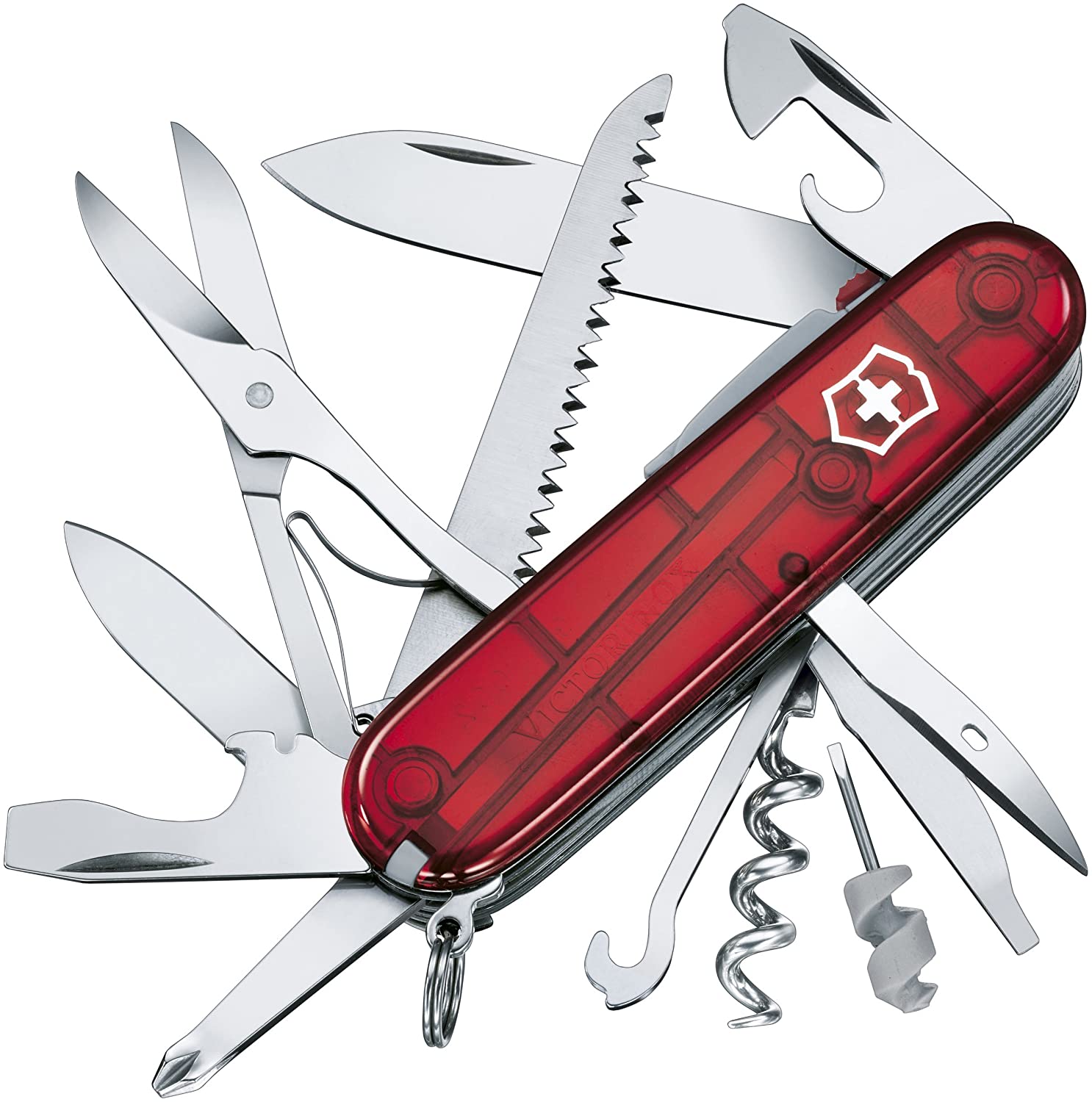 Victorinox Huntsman Lite Swiss Army Knife, Medium, Multi Tool, Camping Knife, 21 Functions, Blade, LED, Red Transparent