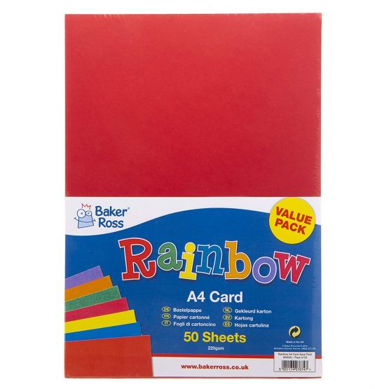 Baker Ross AV535 A4 Rainbow Coloured Card (220gsm), Perfect for Children's Art & Craft Activities, Collages, Model Making and More (Pack of 50), Assorted - Image 3