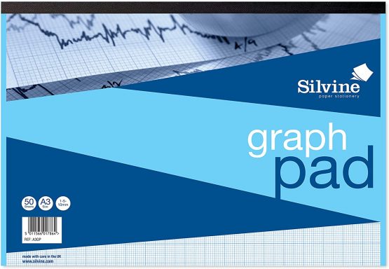 Silvine A3 Graph Pad. 50 Sheets of Quality 90gsm Paper, Printed 1-5-10mm Graph. Ref A3GP