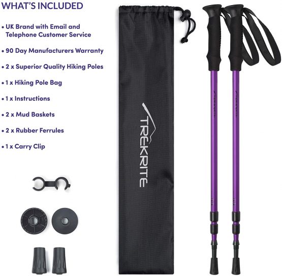 Pair of Trekrite Women's 3 Section Collapsible Telescopic Antishock Trekking/ Hiking/ Walking Poles, EVA Foam Handles with Adjustable Padded Strap for Camping, Backpacking, Mountaineering - Purple or Teal - Image 4
