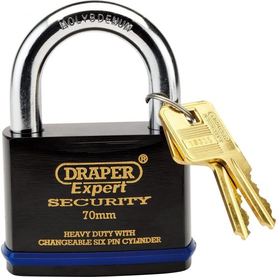 Draper 64195 Expert Heavy Duty Padlock and 2 Keys with Super Tough Molybdenum Steel Shackle, 70 mm