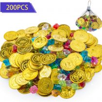 FORMIZON 100 Pcs Pirate Gold Coins and 100g Pirate Gems Jewelry Playset, Pirate Treasure Box Add Fun to the Pirate Theme for Kids, Earrings Rings Lock and Key (Pirate Gold Coins Treasure Chest)