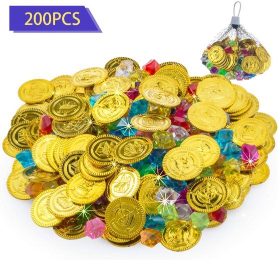 FORMIZON 100 Pcs Pirate Gold Coins and 100g Pirate Gems Jewelry Playset, Pirate Treasure Box Add Fun to the Pirate Theme for Kids, Earrings Rings Lock and Key (Pirate Gold Coins Treasure Chest)