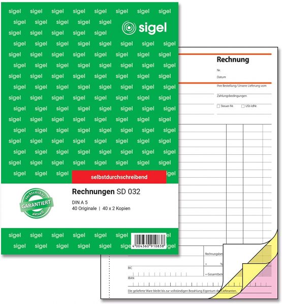 Sigel SD032 Invoices, 1st, 2nd and 3rd Printed sheets, non carbon duplicating pages, A5 3 x 40 BL
