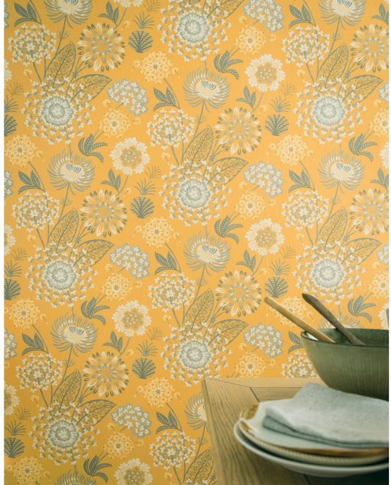 Arthouse Mustard Yellow Grey Wallpaper -Vintage Bloom Eye Catching Florals - Vibrant Feel - Muted Grey & Cream Flowers on Mustard Background - Fabric Look - Subtle Pearlised Finish 676206 - Image 3