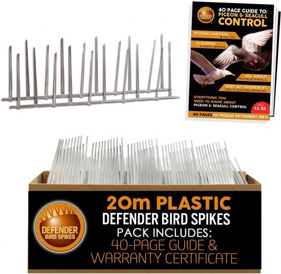 Defender Bird Spikes | Narrow Plastic Pigeon Deterrent | Pigeon Information Guide | 20 Metre Pack