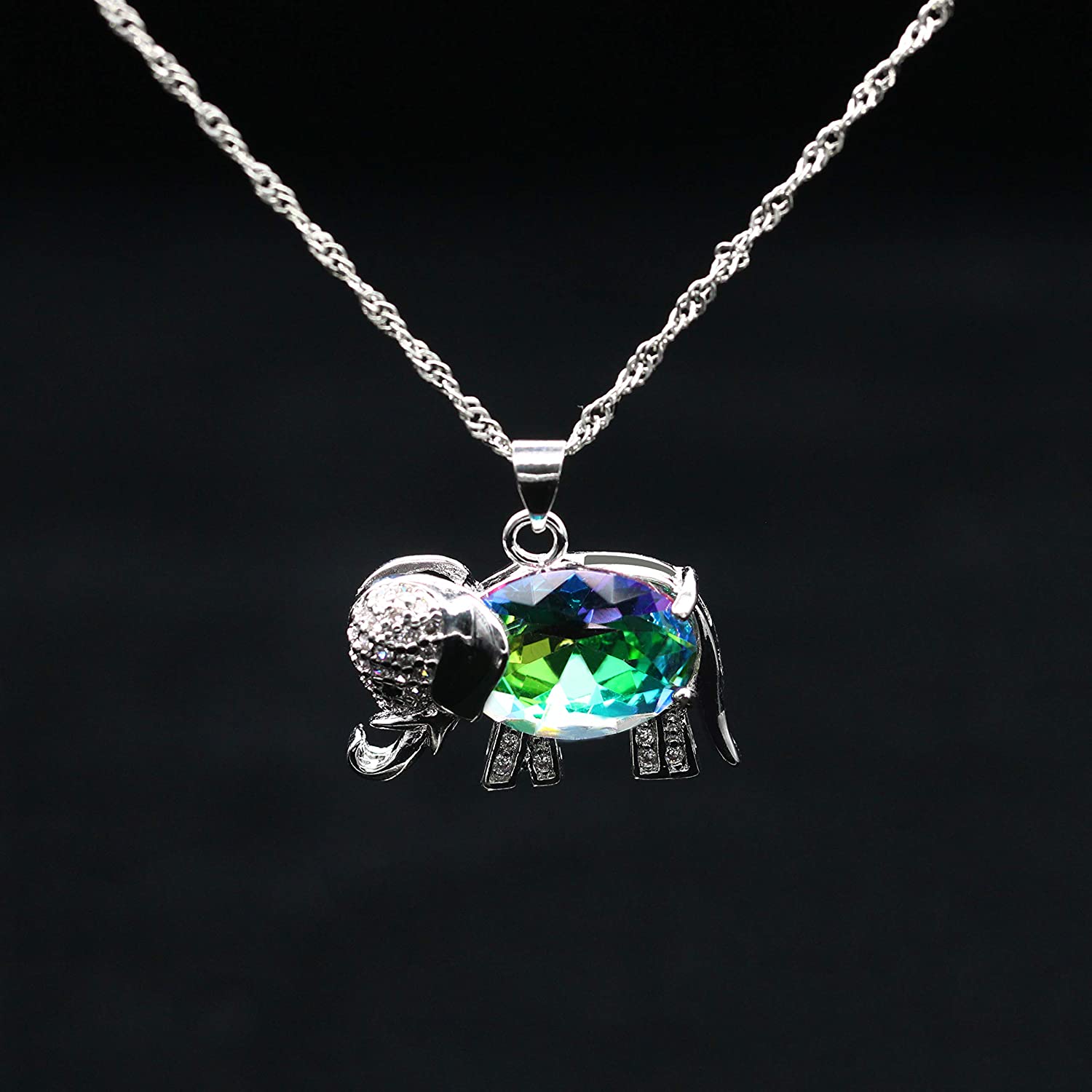 Uloveido Women's Elephant Shape Simulated Rainbow Topaz Silver Color Chain Necklace Studs Clip On Earrings Halo Cocktail Ring Wedding Jewelry Set for Girls T485 - Image 3