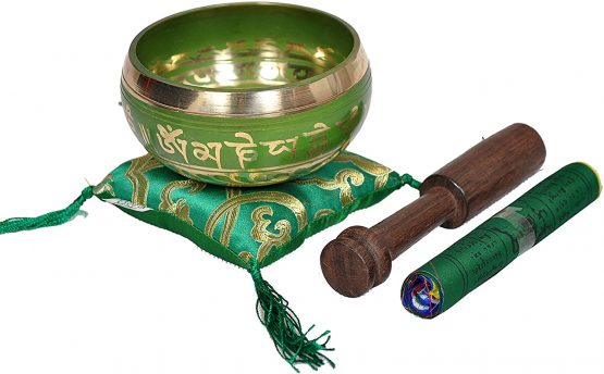 Tibetan Singing Bowl Set By Dharma Store - With Traditional Design Tibetan Buddhist Prayer Flag - Handmade in Nepal (Green)