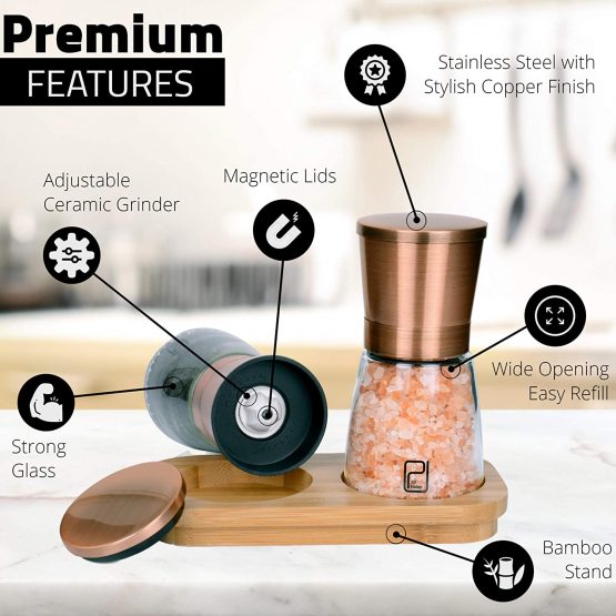 Premium Copper Salt and Pepper Mill Set - Stainless Steel Grinder Set with Stand, Magnetic Lids, Ceramic Spice Grinders with Adjustable Coarseness, Top Salt and Pepper Shakers with Glass Body - 2pcs - Image 2