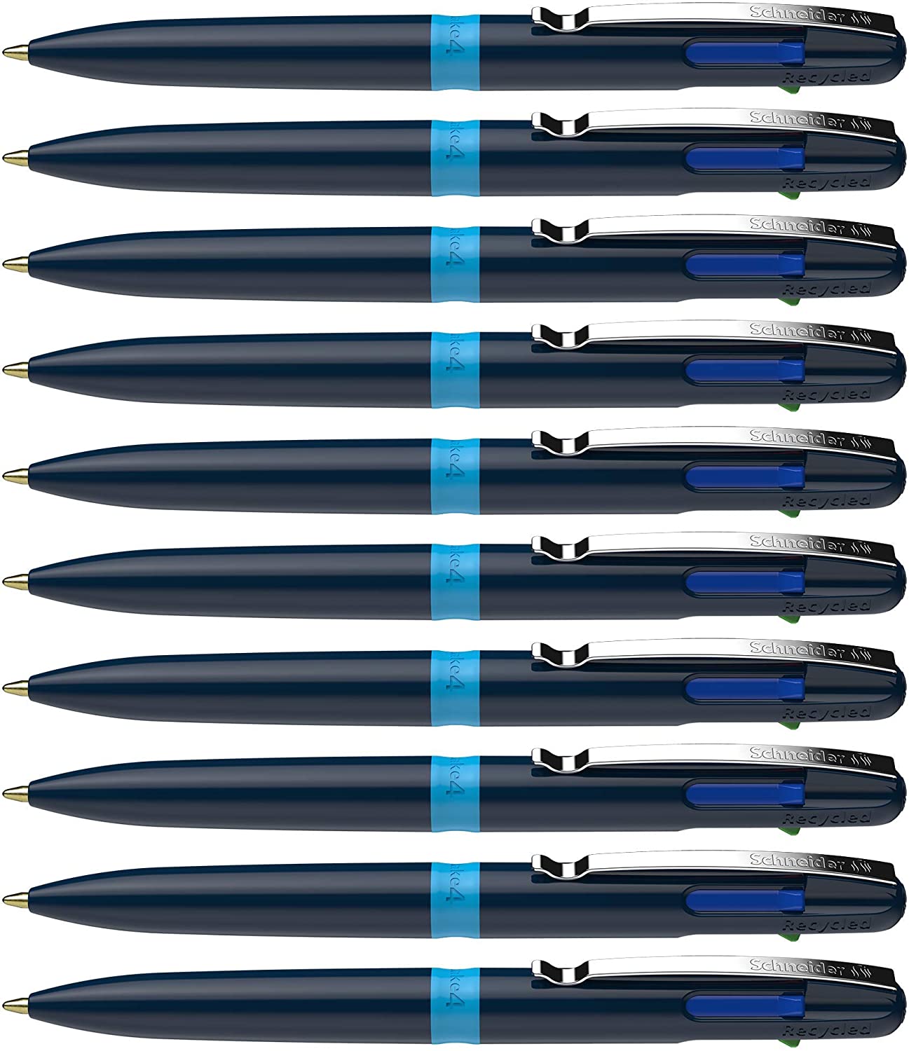 Schneider Take 4 Ballpoint Pens Multicolour (4 Colours, Refills able, Recycled Plastic) Dark Blue/Light Blue, Pack of 10