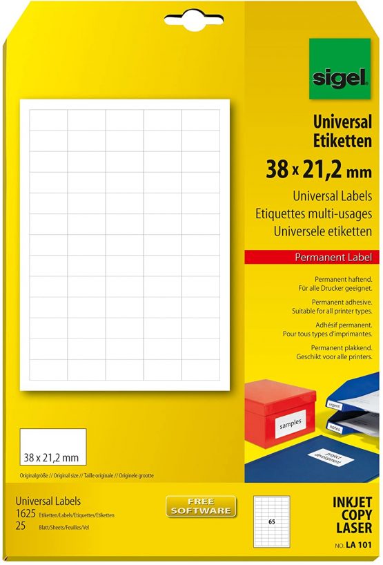 SIGEL LA101 Universal Permanent Labels, white, 3.8 x 2.12 cm, 1625 lbl = 25 sheets, white