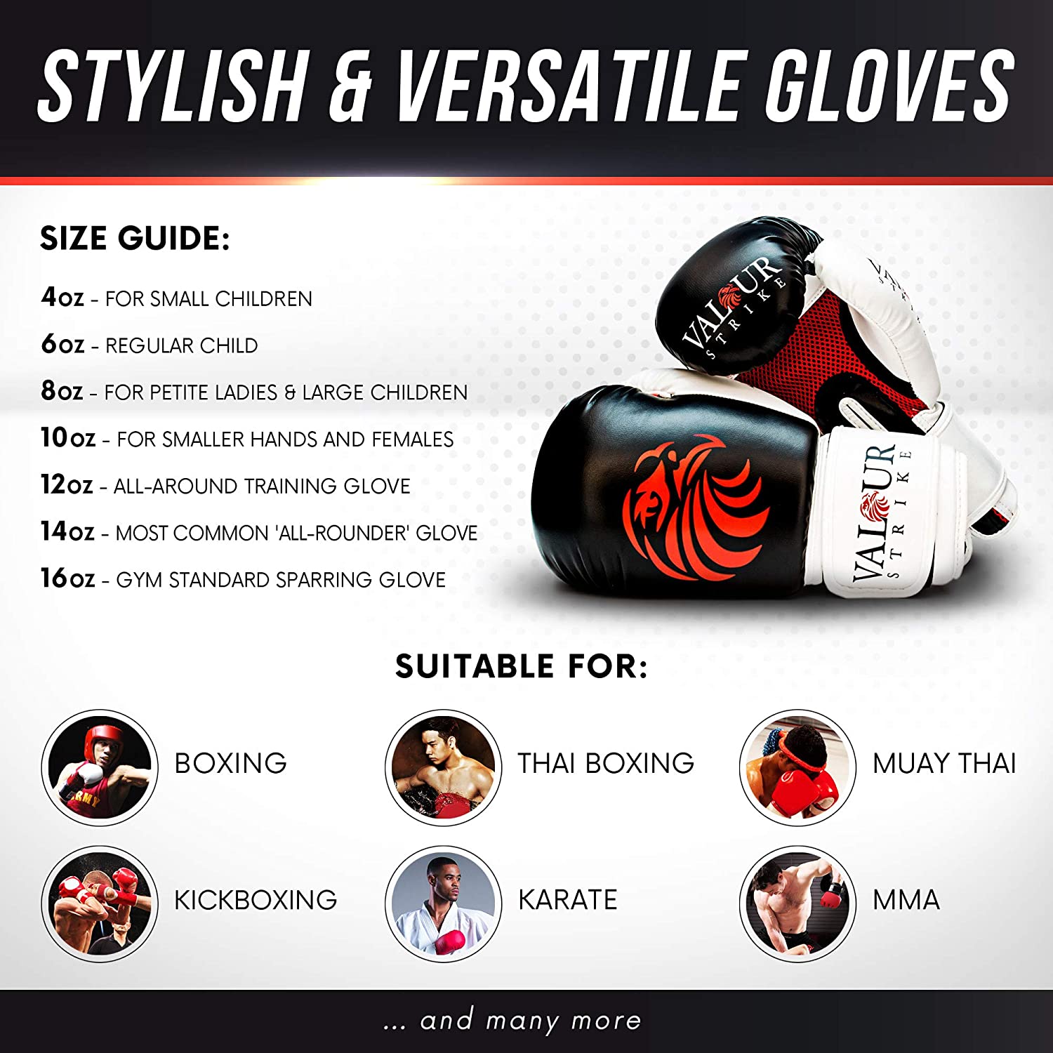 Valour Strike Boxing Gloves for Men Women Ladies Juniors & Kids Glove