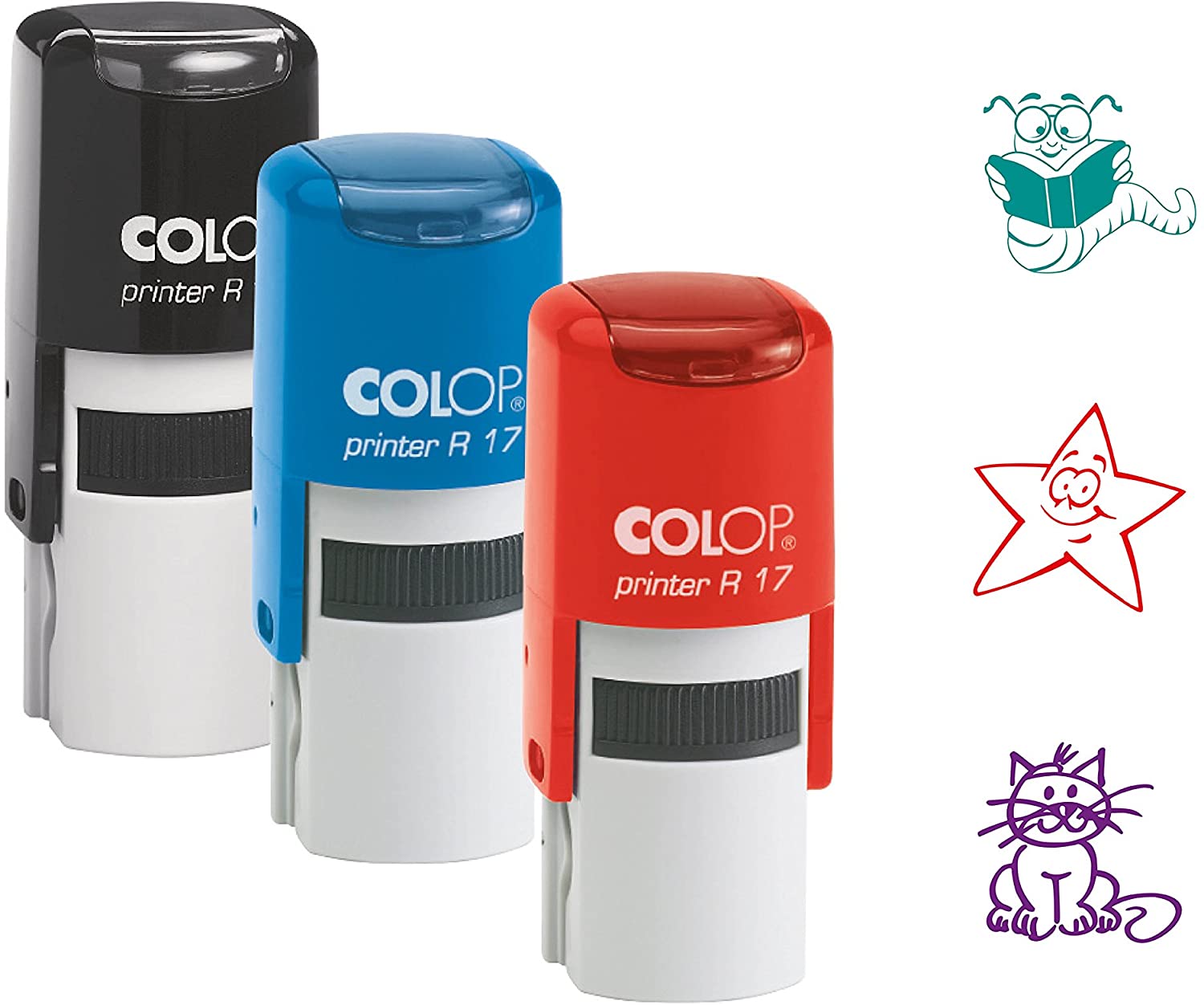 COLOP 141845 Rubber Stamp Set, 3, 3 Designs, 3 Colours, Red Blue Black, 9,4 x 3,4 x 7,3 cm
