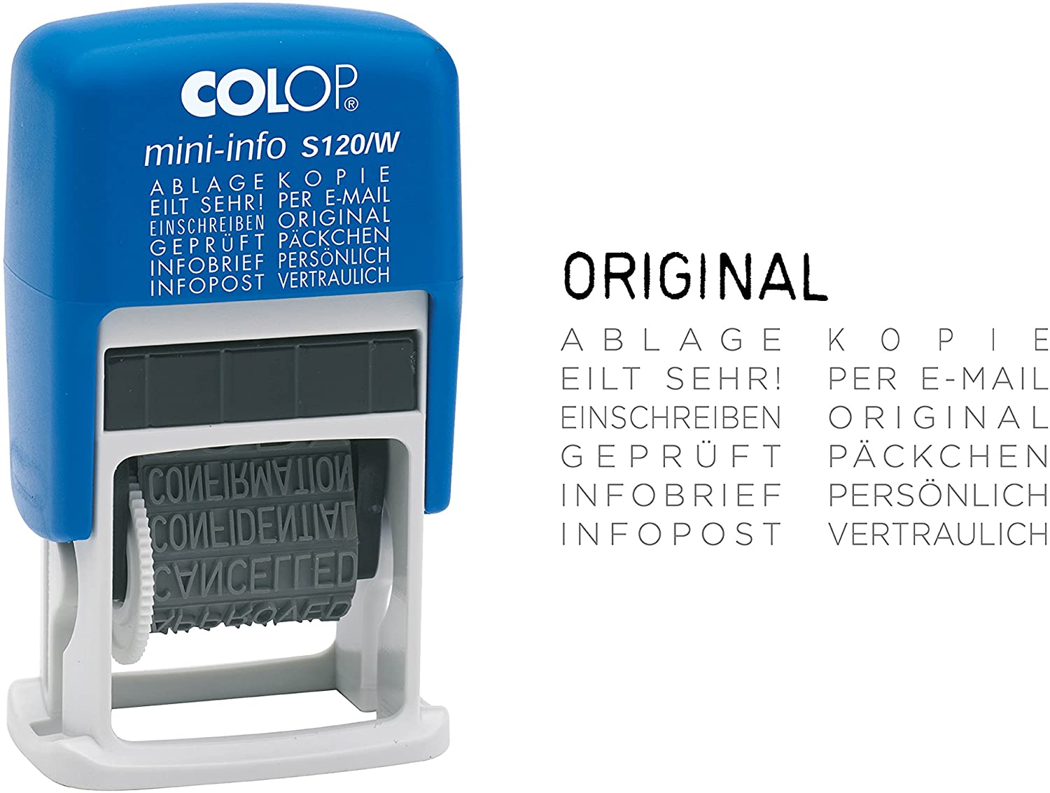 COLOP Word Band Stamp S120/W - Contains 12 Different Texts in one Stamp, 6.80 x 2.60 x 4.60 cm, Blue, 6,80 x 2,60 x 4,60 cm
