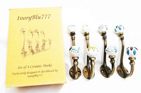4 x Vintage Look Floral Wall Metal Painted Ceramic Coat Hook Hanger Door Cafe Office - Image 3