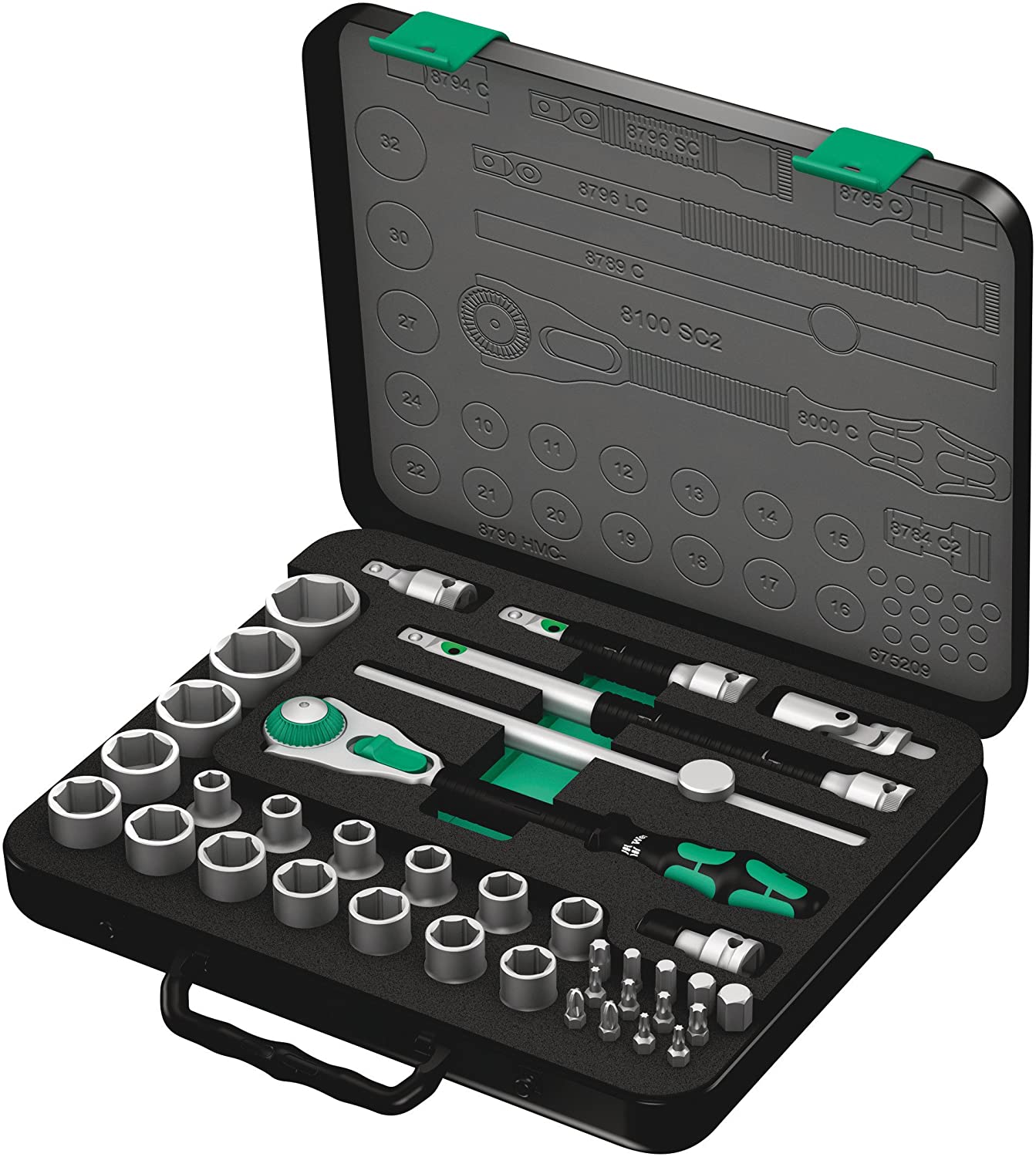 Wera 8100 SC 2 Zyklop Speed Ratchet, Sockets, Bits and Accessories Set, 1/2" Drive, 37PC, 05003645001, Silver