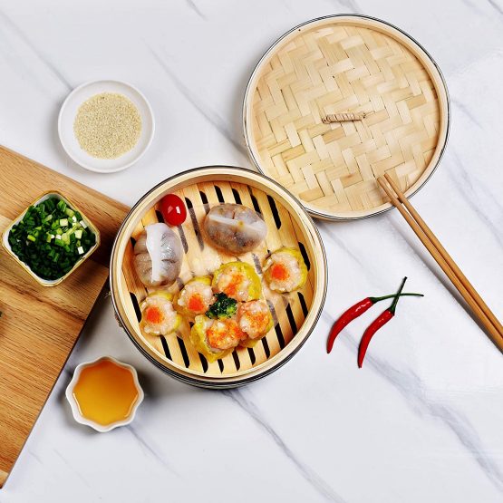 8 Inch (20.5cm) Premium Organic Bamboo Steamer by Harcas. Small 2-Tiers with Lid. Strong, Durable and Reinforced. Best for Dim Sum, Vegetables, Meat and Fish. Hand Made - Image 3