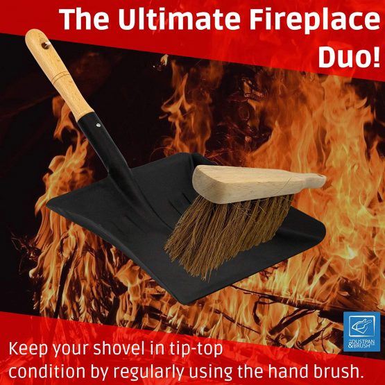 Heavy Duty Coal Shovel and Brush Set - 9 Inch Metal Hand Shovel with Wooden Handle Ideal Large Garden Dustpan or Fireside Set - Image 2