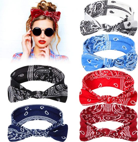 6 Pieces Paisley Headbands Boho Bow Bandana Knot Headwrap Retro Flower Printed Elastic Rabbit Ear Hairband for Girls and Women 6 Colors