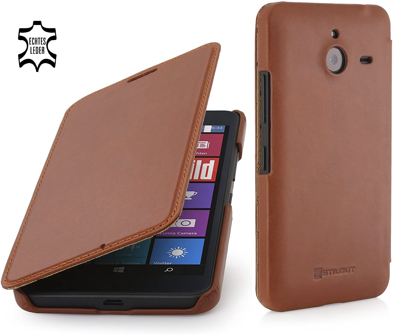 StilGut® Book Type, Leather Case for Microsoft Lumia 640 XL / 640 XL Dual SIM, Cognac Brown