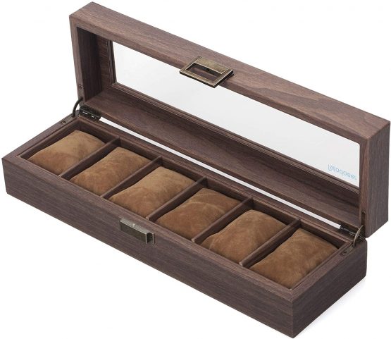 Readaeer Watch Storage Box, Watches Case, Watch Box made of PU Leather in Wood Grain and Wood Plastic Plate, with Real Glass Top (Brown, Small-6 Slots)