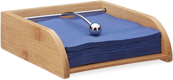Relaxdays Bamboo Napkin Holder, 33x33 Napkins, Heavy Ball, Flat, Tableware Tissue Stand, Natural