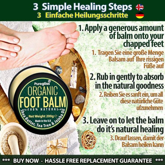 Organic Foot Balm by NatriGlo -Puregliss 200g for Dry Feet, Cracked Heels, Hard Skin, Sore Feet, Fungus & More, 100% Natural Treatment Foot Cream Moisturiser with Tea Tree Oil-Shea Butter-Jojoba Oil - Image 4