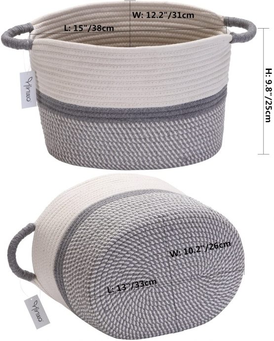 Hinwo Cotton Rope Storage Basket Collapsible Laundry Hamper Nursery Storage Bin Container Organizer with Handles, 15.7 x 12.6 inches, Off White and Grey (HWSB0009A UK) - Image 2