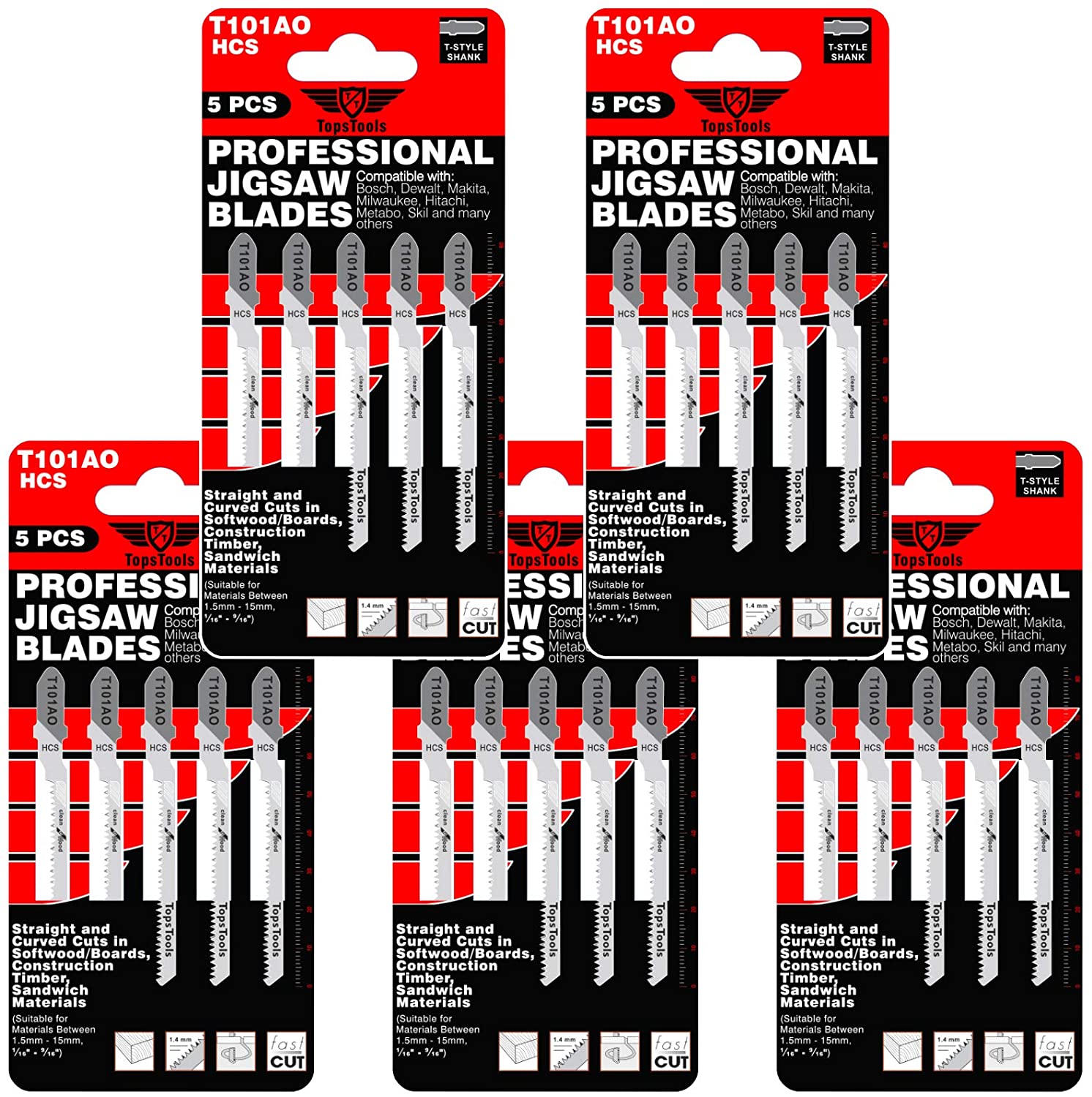 25 x TopsTools T101AO 83mm Jigsaw Blades Designed for Straight and Curved Cuts in Wood, Black