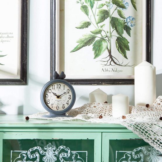 NIKKY HOME Shabby Chic Pewter Round Quartz Table Clock with 2 Birds 12 x 6 x 15.5 cm, Light Slate Grey - Image 3