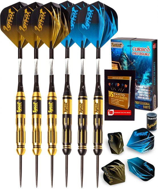 IgnatGames Steel Tip Darts Set - Professional Darts with Aluminum Shafts, Rubber O'Rings, and Extra Flights + Dart Sharpener + Innovative Case + Darts Guide
